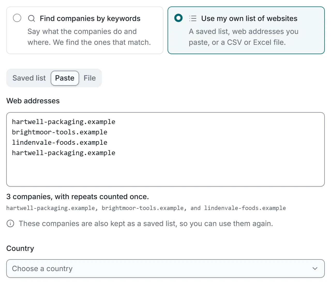 The new campaign page with sample data: choosing Use my own list of websites, then pasting three company websites and one repeat; the app counts 3 companies and drops the repeated one.
