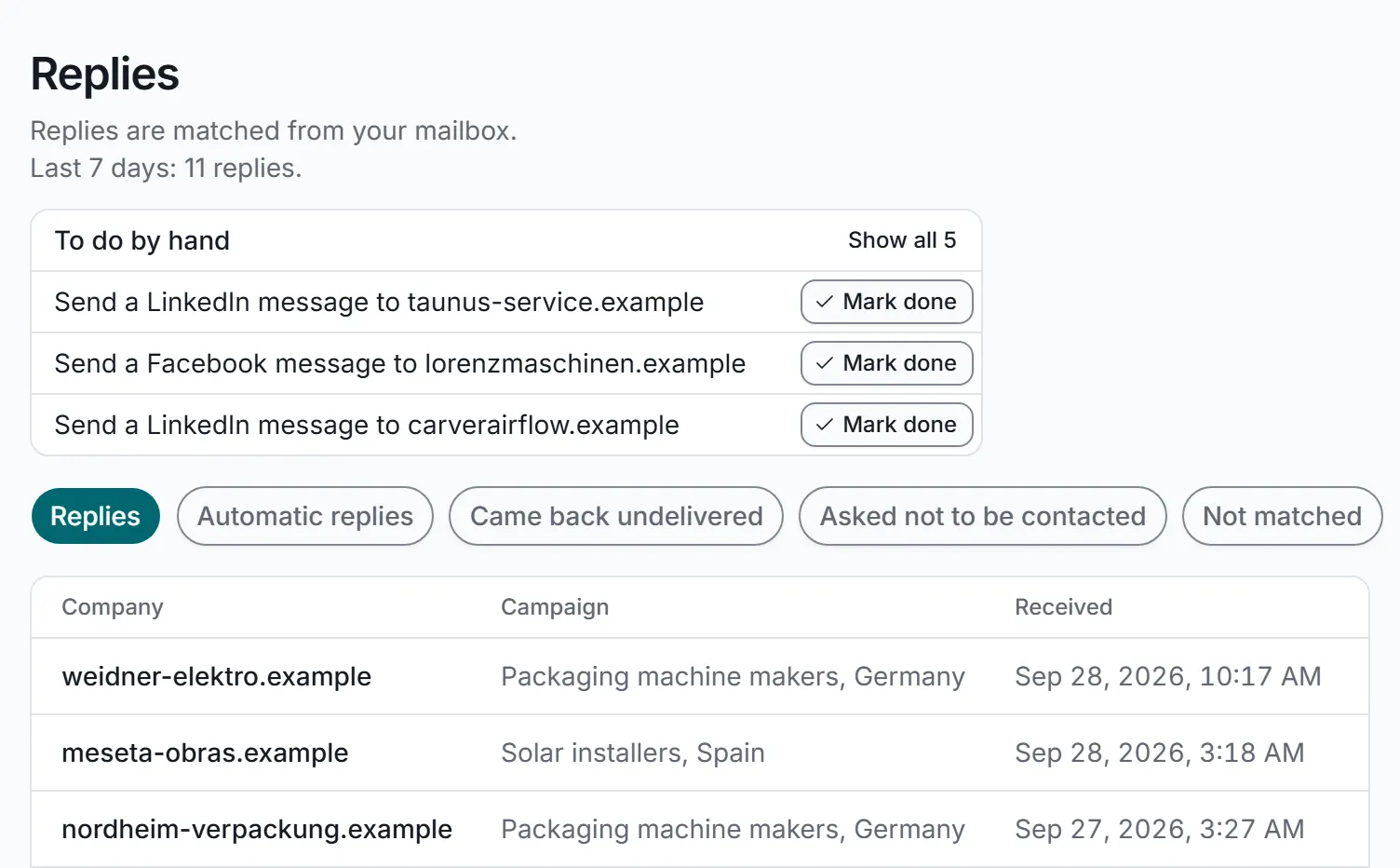 The Replies screen: a table of replies with the company web address, the campaign, the subject line and when it was received.